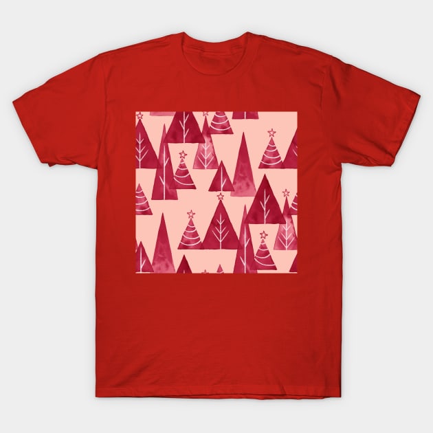 Blush and Red Watercolor Christmas Trees T-Shirt by Carolina Díaz